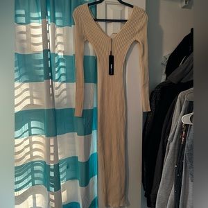 Taupe Knit V Neck Ankle Length Dress